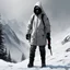 Placeholder: CP-1529 King of the Mountain, from SCP lore, it appears to be of average height and weight and is dressed head to toe in what resembles standard mountaineering wear and boots, colored white; SCP-1529's face is entirely obscured by the hood of its parka and what appears to be an oversized pair of opaque black mountain goggles, minimalistic art, hyperdetailed, artstation trending, world renowned artists, historic artworks society, antique renewel, cgsociety