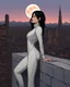 Placeholder: A slim Woman With Black Hair, Wearing an android-looking suit, standing sideways On a ledge of a building, with a waning moon Behind Her Head, towering spires and buildings highlighted by the setting sun