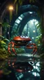 Placeholder: crab knight in dark lit reflective wet jungle metallic hall dome hotel tunnel, in the style of fallout 4 game,bokeh like f/0.8, tilt-shift lens 8k, high detail, smooth render, down-light, unreal engine, prize winning