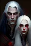 Placeholder: A couple, from the dnd game curse of Strahd. The woman is beautiful, has long white hair and blue eyes, the man has LONG BLACK hair and red eyes, no facial hair.