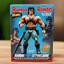 Placeholder: A photograph of a pristine action figure encased in its packaging, evoking a sense of collectible wonder, styled after a vintage toy advertisement. The box prominently displays "Rambo" in bold, stylized lettering, with the action figure inside clearly resembling Sylvester Stallone as Rambo, possessing his iconic features and a lean, athletic build, confidently holding a pistol and a knife