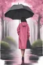 Placeholder: woman in a dark pink raincoat with dark pink umbrella