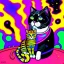 Placeholder: a black and white cat sitting on top of a table, cat in space, cosmic cataclysm, space cat, by Louis Wain, cosmic and colorful, amazing colorful background, a painting of a cat, petros afshar speedart, psychedelic art style, inspired by Louis Wain, kittens in outer space, painting of a cat, solid color background intricate