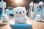 Placeholder: cute fluffy chibi ice bear on an exhibition room with stands in sunshine