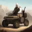 Placeholder: make a picture of 3 poor looking black men in a desert. they are in afghanistan. behind them is a raided village they are holding rifles. they look very very dangerous and have long white beards. they have ak47 rifles. They are sitting on an atv driving to the right