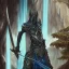 Placeholder: Longsword with a cobalt blade and black handle, waterfall as background, excalibur "Fantasy concept art, intricately detailed, metallic, fantastical, complimentary colors, detailed matte painting