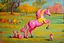 Placeholder: Big pink plastic toy horse.19th painting