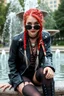 Placeholder: Gothic style rebel woman teenager, pretty and arrogant, red hair and black shiny round sunglasses, leather jacket, edgy bohemian outfit, combat boots, captivating grey eyes, white hair styled in intricate braids, playful and mischievous demeanor - depicted sitting at the edge of a fountain in a city green park, vibrant punk street fashionista, high realistic