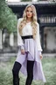 Placeholder: full body standing beautiful 20 year old girl with ash blonde hair and blue eyes with her long hair down, wearing a white sleeved shirt and nice sarifon dress, and lilac long leggings, with long black boots full body shot