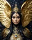 Placeholder: Photography A Length Super model Iranian Woman Hijab and half mask as Beautiful Archangel with wings made from metal craft,dressing luxurious golden and black color armor filigree fcombination fully crystals diamonds stone crystals,Cosmic Nebula Background