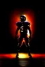 Placeholder: the menacing Silhouette of a football linebacker, the background on the left is red at the top and fading to black at the bottom, the background on the right is orange at the top and fading to dark navy blue at the bottom, background also has stadium lighting and the receding lines of a football field, NFL background