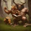 Placeholder: A legendary miniature with a big muscular body and a bull-shaped head with two fiery horns reading a book under a tree by the lake, realistic 3D, magical painting, full and detailed painting components, Hollywood quality, 4K 8 K