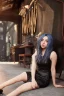 Placeholder: Billie Eilish, sitting on a chair, Black Short Dress, high detail, realistic, 8k