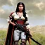 Placeholder: beautiful female mexican outlaw wearing holster with two guns on waist and two rows of bullets in bandolier across chest standing in front of adobe house, long black wavy hair, gorgeous, stunning face, 8k, high-quality, ultra-fine detail, 1800s wild west, detailed matte painting, brian froud, howard lyon, selina french, anna dittmann, annie stokes, lisa parker, greg rutowski, alphonse mucha