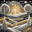 Placeholder: Vibrant, whimsical Mandelbrot fractal, winterly Tuscany landscape with frosted cypress trees, mountains, one single shooting star between clouds of silver and gold, richly textured acrylic ink and charcoal line art, in a zentangle style mix, blending Amanda Clark's fantastical elements and Catrin Welz-Stein's intricate details with Eyvind Earle's subtle earth tones and Georges Braque's bold geometri