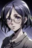 Placeholder: The character of a girl whose hair reaches her shoulder is slightly scattered, a dark purple color as if it is black and her eyes a light shade of grey, and she wears round glasses, art from the anime Attack On Titan.