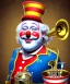 Placeholder: happy old friendly fat clown with round head and trimmed beard playing jazz with a steampunk theme, trumpet, circus, realistic