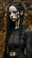 Placeholder: highly detailed, full body oil painting, petite goth girl with long dark braided hair, sharply defined angular facial features, anatomic perfection, by Andrea Kowch> <Yoji Shinkawa> <Jean-Giraud Moebius, vibrant natural color tones, precisely drawn and inked, 8k resolution