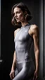 Placeholder: photography of a beautiful anorexic woman, grey satin triathlon top, brunette wavy bob haircut, flat chest, grey satin cycling leggins