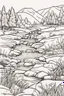 Placeholder: coloring page, creek through a meadow, cartoon style, thick lines, low detail, no shading