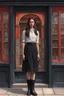 Placeholder: Photorealistic image of a young woman with dark hair, in a black ankle length skirt, boots and shirt, standing outside an old magic shop front with large red painted multi-paned picture windows on either side of a multi-paned doorway.