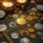 Placeholder: dynamic lighting, Intricately detailed, Splash screen art, deep color, Unreal Engine, volumetric lighting, silver coins, gold coins, silver treasure, stacked coins, indoors, candle, altar, black table, sigil,