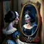 Placeholder: Snow White's stepmother stands in front of the mirror and asks a mirror, a mirror on the wall, who is the most beautiful of them all? From the mirror she sees a picture of an ugly and disgusting witch