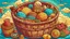 Placeholder: Fantasy cartoon illustration: an Eastern basket full of delicious Eastern treats