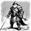 Placeholder: (black and white traditional pencil sketch digital drawing on paper by Ray Harryhausen) the senior AD&D dwarf ranger character class. Weapon: broad sword and long dagger, armour: preference for medium, powers: track, hide in wild, convince
