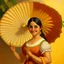 Placeholder: mexican woman smiling holding a fan turning around looking into camera neoclassism painting sun