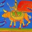 Placeholder: cow with wings riding a ship in Indian painting style