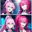 Placeholder: Clear focus, 8k, beautiful lighting, vibrant colors, girl, pink hair, long hair, vibrant blue eyes, ponytail, messy hair, hair in between the eyes, laughing, angry,