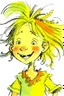 Placeholder: A whimsical colored illustration by Quentin Blake depicting a cute, funny happy 5 year old girl with yellow unkempt hair, wearing tufts of hair high on her head and wearing a bow.