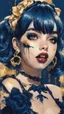 Placeholder: Poster in two gradually, a one side malevolent goth vampire girl face and other side the Singer Melanie Martinez face, full body, feet point view, painting by Yoji Shinkawa, darkblue and gold tones,