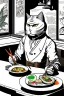 Placeholder: Cat, sitting at a table, eating sushi,perfect iris, ink and pencil, style Tintin