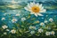 Placeholder: A lifelike thick water reflecting flower blooms amidst a serene ocean meadow, its intricately woven petals and stem radiating realism and rich detail.