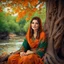 Placeholder: Hyper Realistic Photographic-View of a Beautiful Young Happy Pashto Woman with beautiful eyes & beautiful brown hair wearing Brown Dress with orange embroidery & dark-green-shawl sitting under a thick dense old tree with leaved falling riverside at beautiful day showing dramatic & cinematic ambiance.