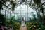 Placeholder: Victorian greenhouse overtaken by jungle, exotic birds nesting in iron rafters, morning mist, lost paradise atmosphere,a pretty model lady as queen walking in flowers