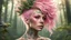 Placeholder: punk blonde 45 years old, forest on her head, pink plant hair, green plants, birds, golden makeup, tattoo, shiny aura, very detailed, fine rendering, high detail, high resolution, 8K