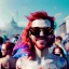 Placeholder: Ultra Realistic photo, medium shot view, drunken dancer bikini woman, carnival scene, monster hair, steampunk. Red hair, confeti, Sunglasses, smile, happy, festival. ovni, alien, gradient color fog. highly detailed, concept art, unreal engine 5, ray tracing, RTX, lumen lighting, ultra detail, volumetric lighting, 3d, finely drawn, high definition, high resolution.