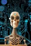 Placeholder: "AI Overlord" portrays a robot in front of a circuit board with the head being a television showing a talking head and the body being a skeleton dressed in a couture suit made from elaborately detailed quilling found in nature; neo-surrealism