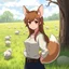 Placeholder: an arrogant, confident young woman with long brown hair, red eyes, pale skin, corgi ears, a corgi tail, Greg Rutkowski, anime, sheep in a field for the background