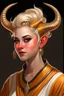 Placeholder: a young tiefling woman with short white blonde hair and gold jewelry, ram horns and gazelle horns