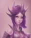 Placeholder: cute purple haired devil girl with bright green eyes and 2 black horns on her head wearing a purple/pink dress