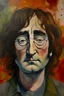 Placeholder: an expressive painting of a front view of John Lennon , we might see a companion with features of absolute strength and determination, blended with warmth and deep faith. Perhaps her face expresses wisdom and courage, with eyes radiating confidence and faith.