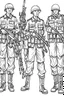 Placeholder: Outline art for coloring page OF A SET OF SMALL AMERICAN TOY ARMY SOLDIERS, coloring page, white background, Sketch style, only use outline, clean line art, white background, no shadows, no shading, no color, clear