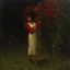 Placeholder: Night, one woman taking red flowers, vegetations, forest, doom, creepy, gloomy, gothic dark influence, charles leickert paintings, and konstantin korovin paintings