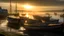 Placeholder: Fishermen’s boats anchored around a Scottish harbour near a fishing village, fishermen putting fishing nets on their boats, mist covering the distance, calm sea, early morning, sunrise, the moment the sun rises, beautiful romantic photograph, excellent composition, atmospheric, realistic