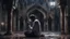 Placeholder: Hyper Realistic Young-Adult-Muslim Guy Crying & Praying-Namaz with-lean-body-language outside an old abandoned dark mosque at dark heavy rainy night showing dramatic & cinematic ambiance.