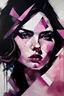 Placeholder: A woman with a triangle face shape in oil painting style with pink purple and white colour fat brush strokes and thin black cutour